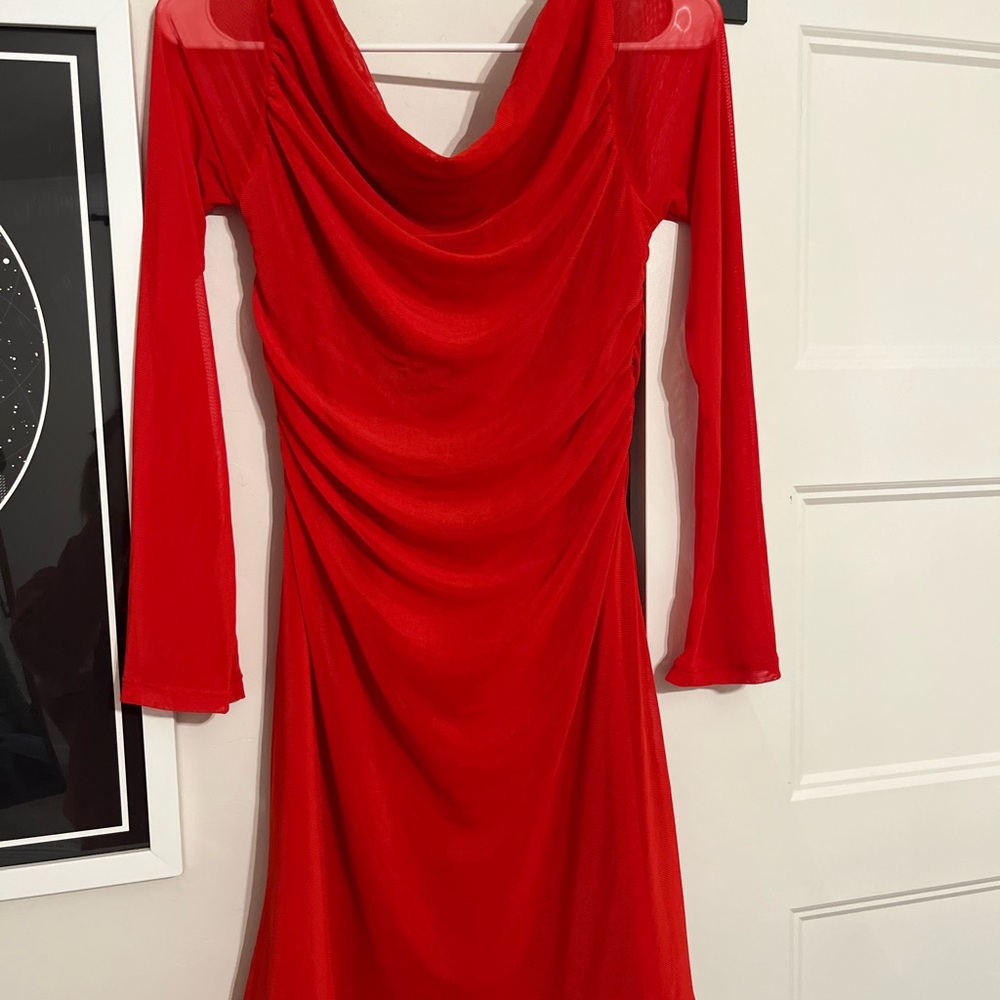 SHEIN Red Ruched Long Sleeve Cowl Neck Dress